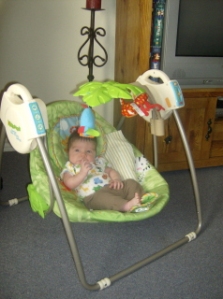 Sometimes, he'll swing anywhere from 10 to 20 minutes in his jungle swing. Everynow and then, he'll start dozing off and on, until his big head falls over and he wakes himself up.